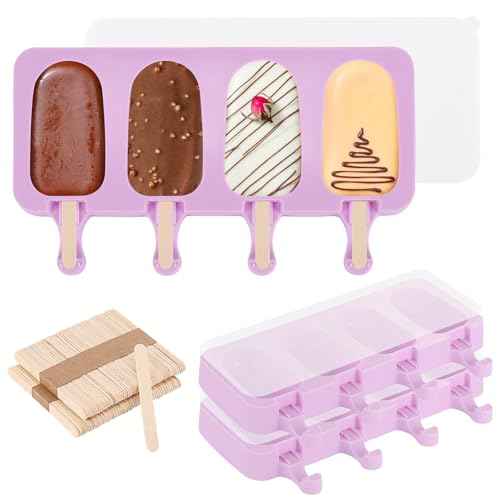 3 Set Violet Popsicles Molds with Lids and 100 Pcs Wooden Popsicles Sticks (3 Count)