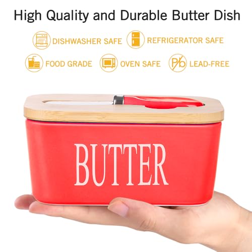 Ceramic Butter Dish with Bamboo Lid and Stainless Steel Knife Spreader