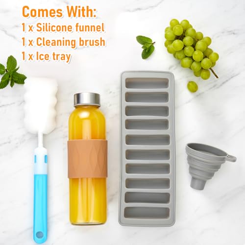 18 oz Glass Juice Bottles with Stainless Steel Lid Leak Proof 3 Pack (3 Count)