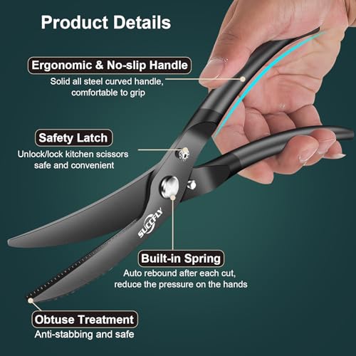 Heavy Duty Poultry Shears Spring Loaded Titanium Plated 10.3" Black