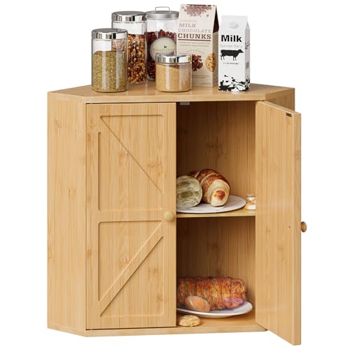 Corner Bread Box for Kitchen Counter Double Layer Bamboo Bread Storage Container Large Capacity Bread Storage Bin Farmhouse Breadbox Organizer