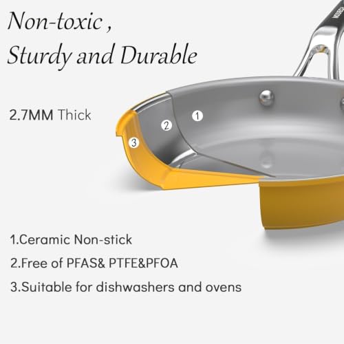 10-in-1 Yellow Ceramic Nonstick Deep Saute Pan Set With Steamer & Lid, 4QT
