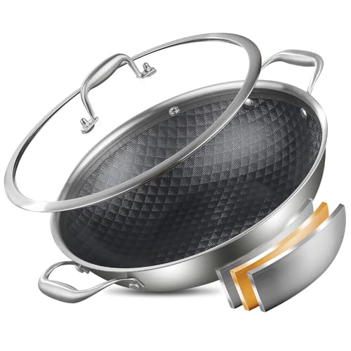 12 Inch Stainless Steel Nonstick Wok Pan with Lid 5Qt Pot