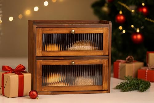 Bread Box for Kitchen Countertop Wooden Bread Storage Container Bin 2 Layer Breadbox Holder Large Capacity Keeper Vintage Farmhouse Food Organizer Pantry Shelf Acrylic Window