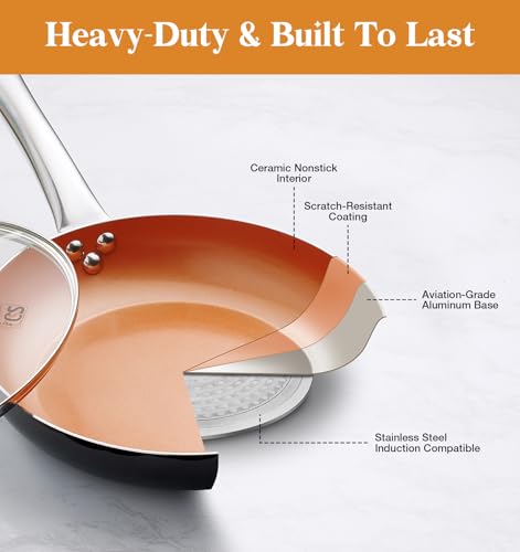 10in Copper Nonstick Frying Pans with Lids and Titanium Ceramic Interior