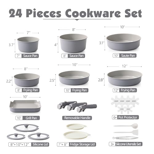 24 Piece Ceramic Detachable Handle Pots and Pans Set Gray