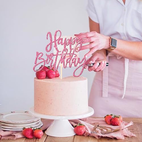 1 PCS Happy Birthday Cake Topper Glitter Happy Birthday Cake Pick for Celebrating Happy Birthday Anniversary Theme Party Cake Decorations Supplies Pink
