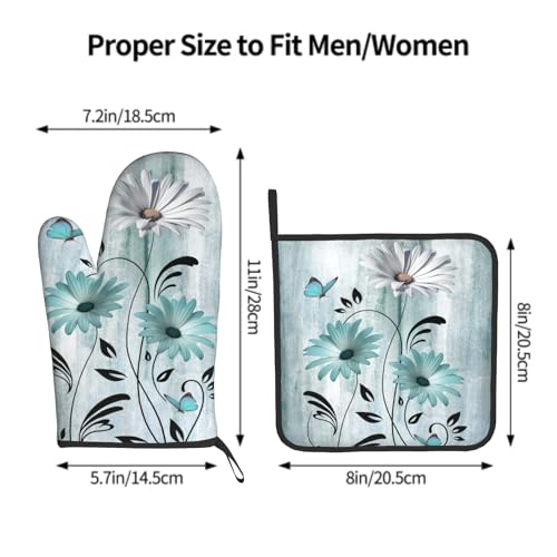 Daisy Floral Oven Mitts and Pot Holder Set of 2 Teal White Flower Heat Resistant Kitchen Mitts Potholders Washable for Cooking Grilling BBQ
