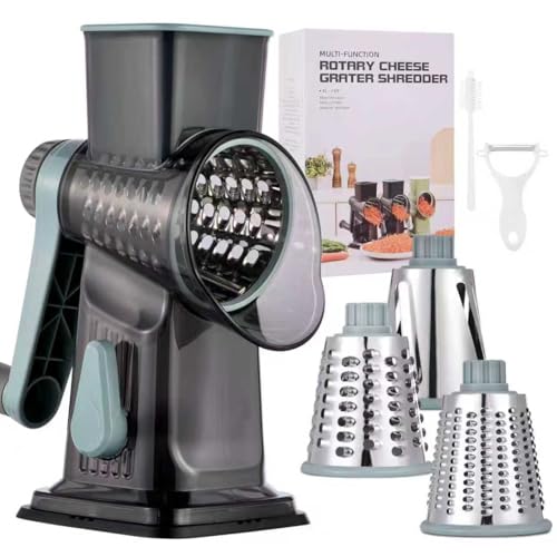 Rotary Cheese Grater with Handle Kitchen Shredder Slicer Grater Slicer Ice Shaver Cheese Vegetable Nuts Potato Zucchini Chocolate 3 Interchangeable Blades