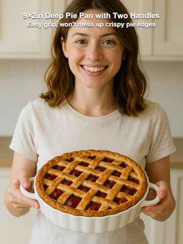 9×2in Deep Ceramic Pie Pan with Handles for Pie Quiche Tart Baking. Easy to grip