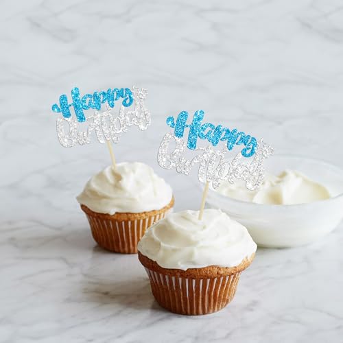 24Pcs Happy Birthday Cupcake Toppers Double Layer Glitter Happy Birthday Cake Decorations for Winter Wonderland Baby Shower Theme Anniversary Party Decorations Supplies Blue Silver (24 Count)