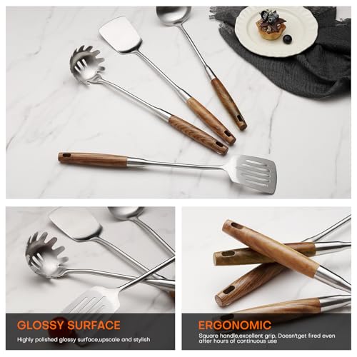 6 Pcs Cooking Utensils Set 304 Stainlss Steel Kitchen Utensils Set Heat Resistant Wooden Handle Kitchen Tools Metal Kitchen Utensil Soup Ladle Set (6 Count)