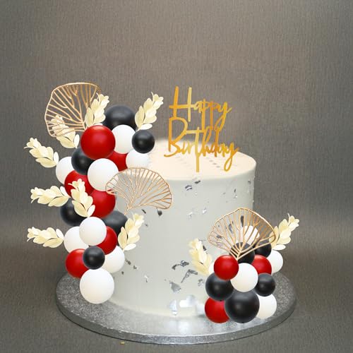 57Pcs Balls Cake Topper Boho Grass Cake topper Pearl Balls Acrylic Happy Birthday Cake Decorations for Wedding Baby Shower Birthday Boho Themed Party Supplies Black Red White (57 Count)