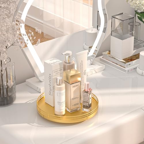 10 Inch Oak Lazy Susan Vanity Tray with Gold Metal Rail