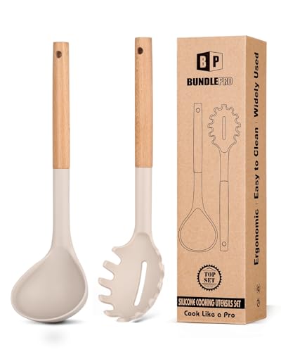 Silicone Pasta Fork and Ladle Spoon Set with Wooden Handle (2 Count)