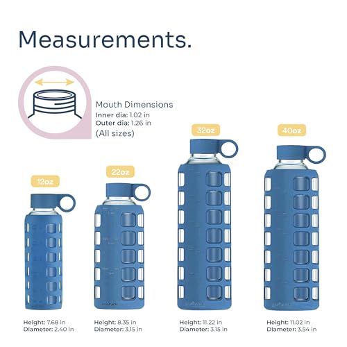 40oz / 32oz / 22oz / 12oz Borosilicate Glass Water Bottle with Time & Volume Markers, Silicone Sleeve, Stainless Steel Lid – Reusable Glass Bottle for Water & Juice (32oz Chinese Porcelain)