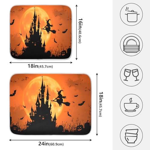 Halloween Witch Bat Castle Pumpkin Dish Drying Mat for Kitchen Counter Absorbent Microfiber Large Drying Pad Dish Mats for Kitchen Countertops 18 x 24 Inch