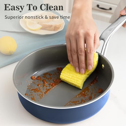 10-in-1 Blue Ceramic Nonstick Deep Saute Pan Set With Steamer & Lid, 4QT