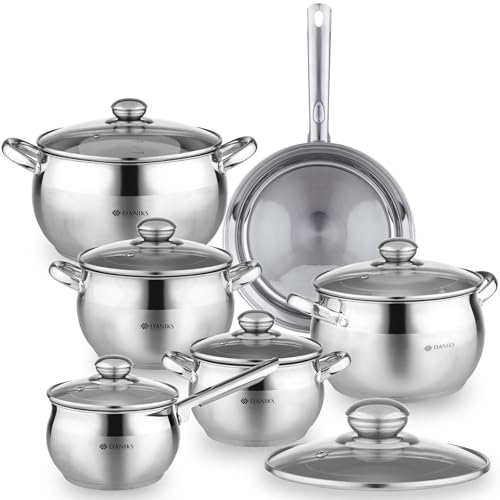 Classic 12 Piece Stainless Steel Cookware Set with Glass Lids
