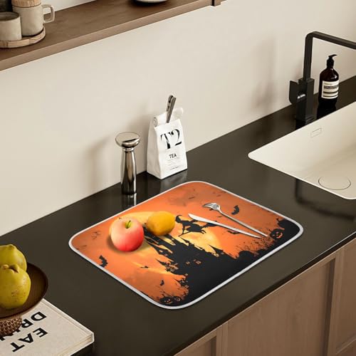 Halloween Witch Bat Castle Pumpkin Dish Drying Mat for Kitchen Counter Absorbent Microfiber Large Drying Pad Dish Mats for Kitchen Countertops 18 x 24 Inch
