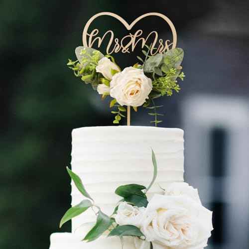Mr & Mrs Wedding Cake Topper in Wood Heart Cake Topper with Flowers and Leaves