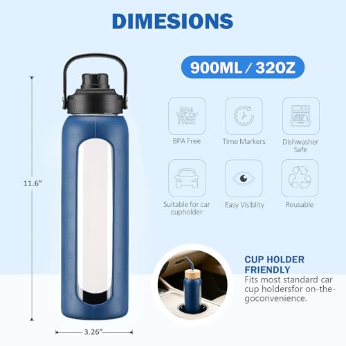 32 oz Glass Water Bottle with Straw and 2 Lids