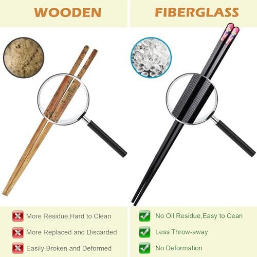 5 Pairs Premium Chopsticks Reusable Dishwasher Safe 9.5 Inch Fiberglass Chop Sticks Gift Set Hexagon Black Non Slip with the Printed Tops (5 Count)