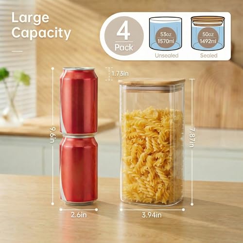 53 oz Square Glass Food Storage Containers with Airtight Bamboo Lids (4 Count)