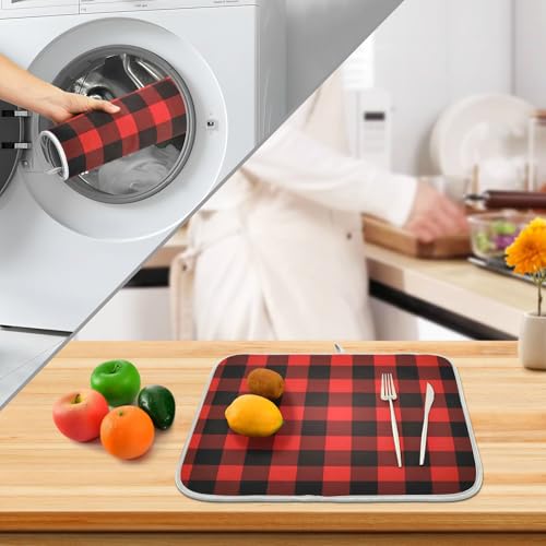 Christmas Red Black Buffalo Plaid Dish Drying Mat for Kitchen Counter Absorbent Microfiber Large Drying Pad Dish Mats for Kitchen Countertops 18 x 24 Inch