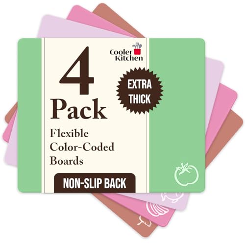 Extra Thick Pastel Flexible Plastic Cutting Board Mats with Food Icons & EZ (4 Count)