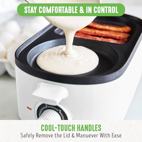 3-in-1 Breakfast Maker Station, Healthy Ceramic Nonstick Dual Griddles for Eggs Meat Sausage Bacon Pancakes and Breakfast Sandwiches, 2 Slice Toast Drawer, Easy-to-use Timer, White