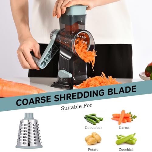 Rotary Cheese Grater with Handle Kitchen Shredder Slicer Grater Slicer Ice Shaver Cheese Vegetable Nuts Potato Zucchini Chocolate 3 Interchangeable Blades