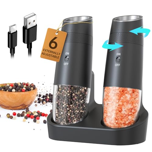 Gravity Electric Salt and Pepper Grinder Set Automatic Shakers Upgraded Pepper Mill with Rechargeable Base (2 Count)