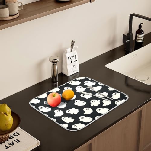 Halloween Cute Ghost Dish Drying Mat for Kitchen Counter Absorbent Microfiber Small Drying Pad Dish mats for Kitchen Countertops 16 x 18 Inch