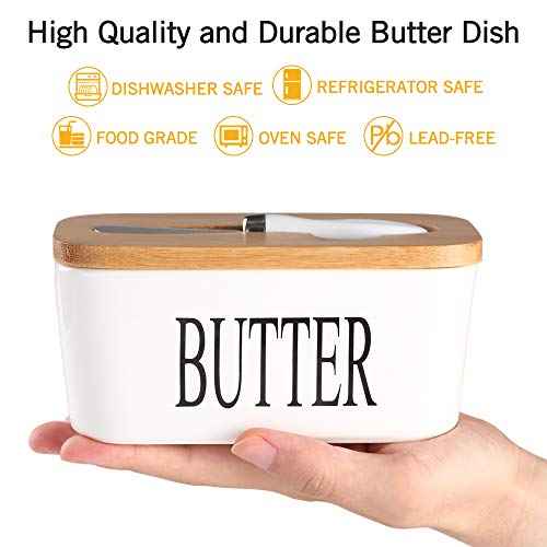 Ceramic Butter Dish with Bamboo Lid and Stainless Steel Knife Spreader