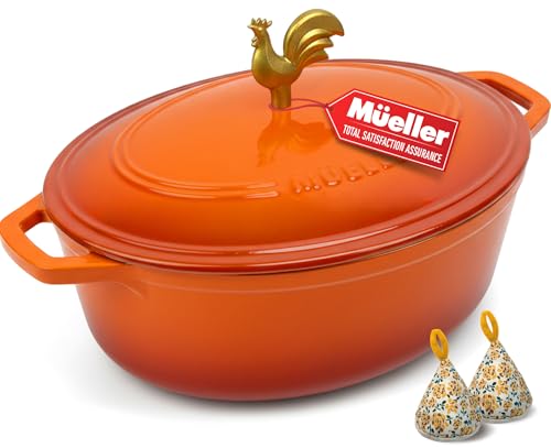 MUELLER HOME 5.5 Quart Enameled Cast Iron Oval Dutch Oven w Rooster Knob & Cotton Potholders