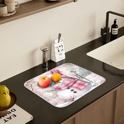 Winter Pink Snowman Dish Drying Mat for Kitchen Counter Absorbent Microfiber Christmas Large Drying Pad Dish mats for Kitchen Countertops 18 x 24 Inch