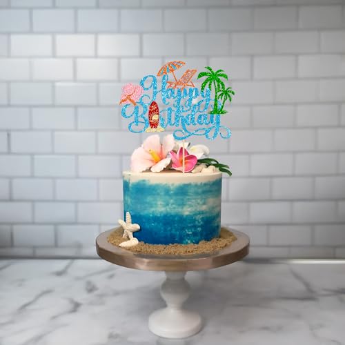 1Pcs Summer Beach Happy Birthday Cake Topper Glitter Ball Tree Umbrella Pool Cake Pick for Hawaiian Holiday Baby Shower Birthday Party Cake Decorations Supplies Blue