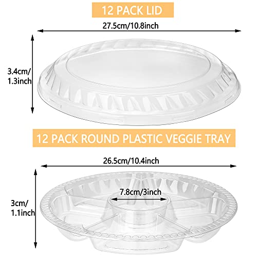 12 Pack Round Plastic Veggie Tray with Lid Fruit Tray 6 Divided Compartment Container Food Serving Dip Platter Reusable Catering Trays for Veggie Fruit Snack Party and Buffet Trays（Clear (12 Count)