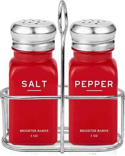 Red Salt and Pepper Shakers Set with Holder by Brighter Barns