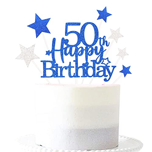 Royal Blue 50th Birthday Cake Topper with Glittery Stars (7 Count)