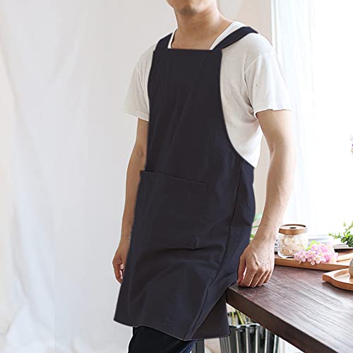 Japanese Linen Cross Back Kitchen Cooking Aprons for Men with Pockets for Baking Painting Gardening Cleaning Navy