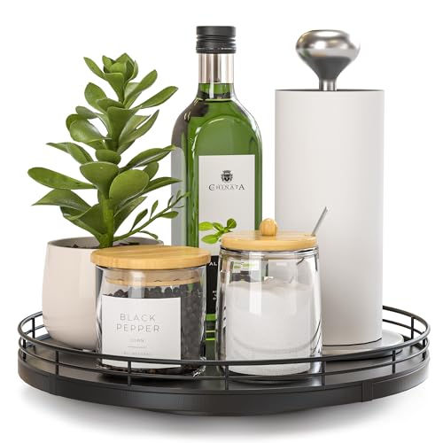 10 Inch Oak Lazy Susan Countertop Organizer with Black Metal Rail