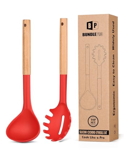Silicone Pasta Fork and Ladle Spoon Set with Wooden Handle (2 Count)