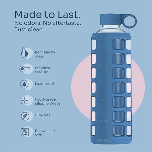 40oz / 32oz / 22oz / 12oz Borosilicate Glass Water Bottle with Time & Volume Markers, Silicone Sleeve, Stainless Steel Lid | Reusable Glass Bottle for Water & Juice (40oz Chinese Porcelain)