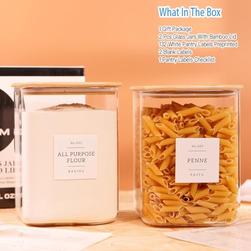 2 Pack Square Glass Flour and Sugar Containers with 132 Kitchen Pantry Labels (2 Count)