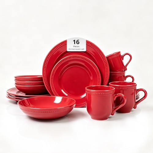 HomeVSS 16 Piece Pearl Dots Stoneware Dinnerware Set