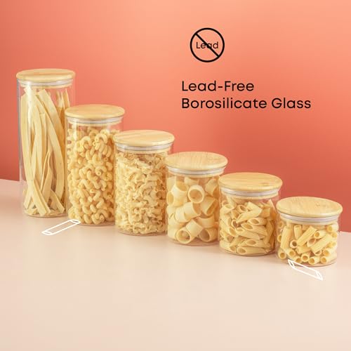 Borosilicate Glass Jars With Bamboo Lids. 6 Pc Set of Air Tight Sealable Containers. Food Jar Canisters with Airtight Lid for Pantry Storage and Kitchen Organization. (6 Count)
