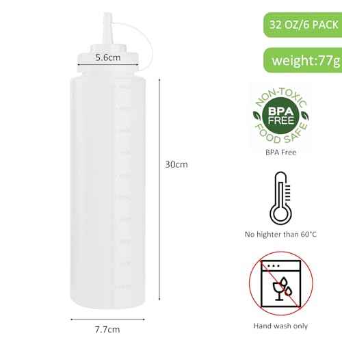 6 Pack 32 oz 1000 ml Plastic Squeeze Bottles with Cap Lids (6 Count)