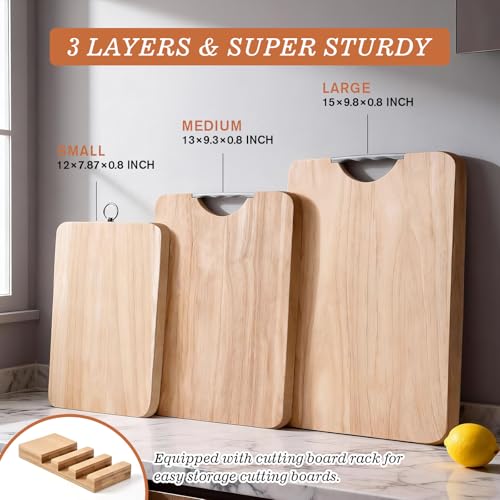 Wooden Cutting Board Set of 3 with Holder Maple Chopping Boards for Kitchen